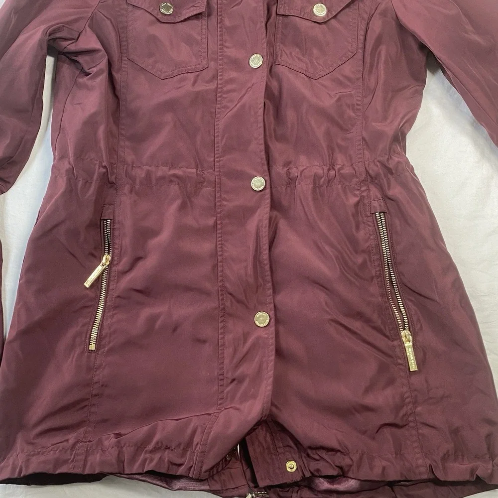 Michael Kors Women Burgundy Hooded Parka Full Zip Snap Jacket Size M